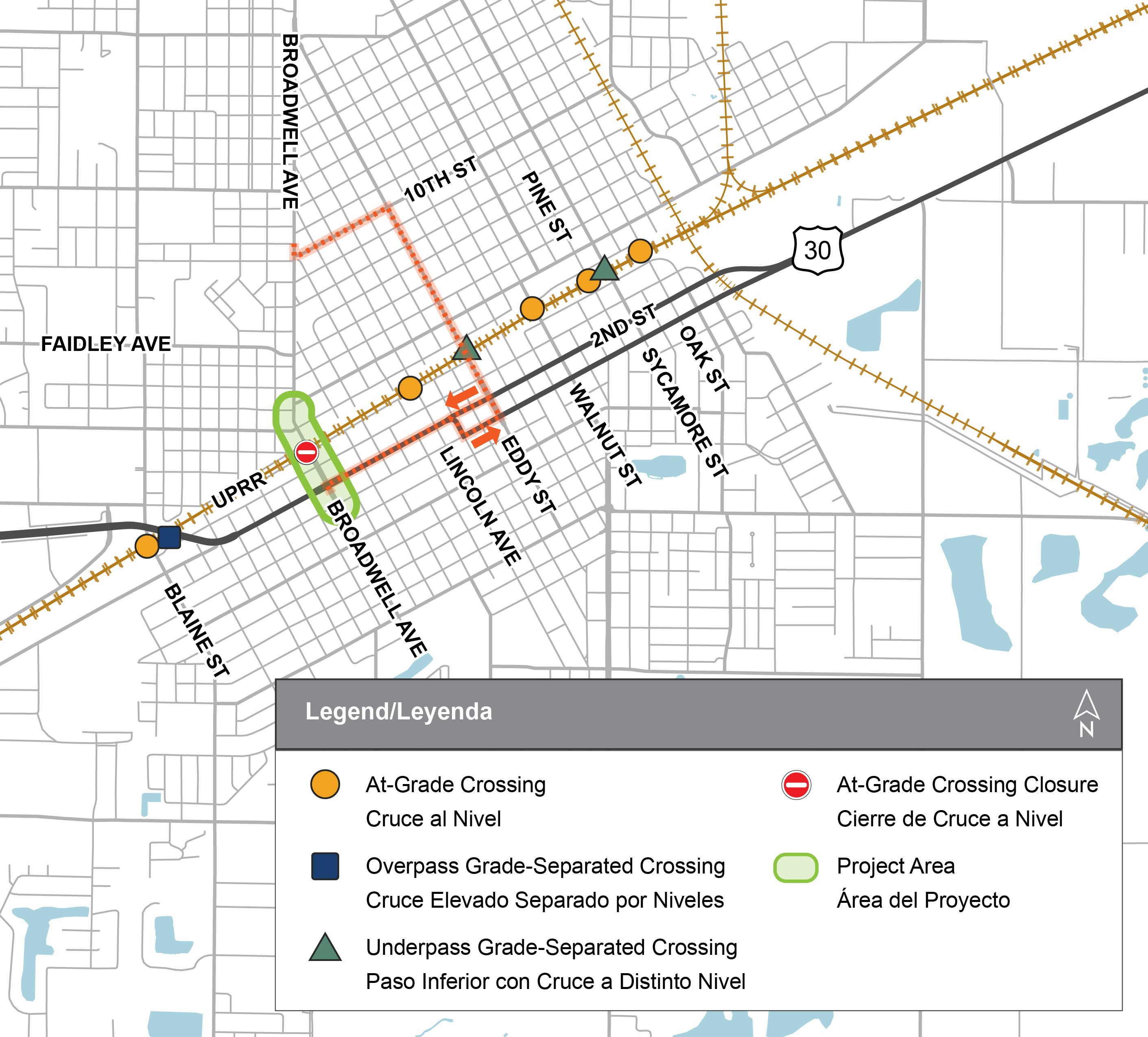 Map showing the rail corridor and surrounding streets, with a proposed route highlighted in orange between Broadway Ave and 10th St. The project area is outlined in green near Broadway Ave. Legend identifies orange circles as at-grade crossings, a blue square as an overpass grade-separated crossing, green triangles as underpass grade-separated crossings, a red symbol as an at-grade crossing closure, and a green outline as the project area.