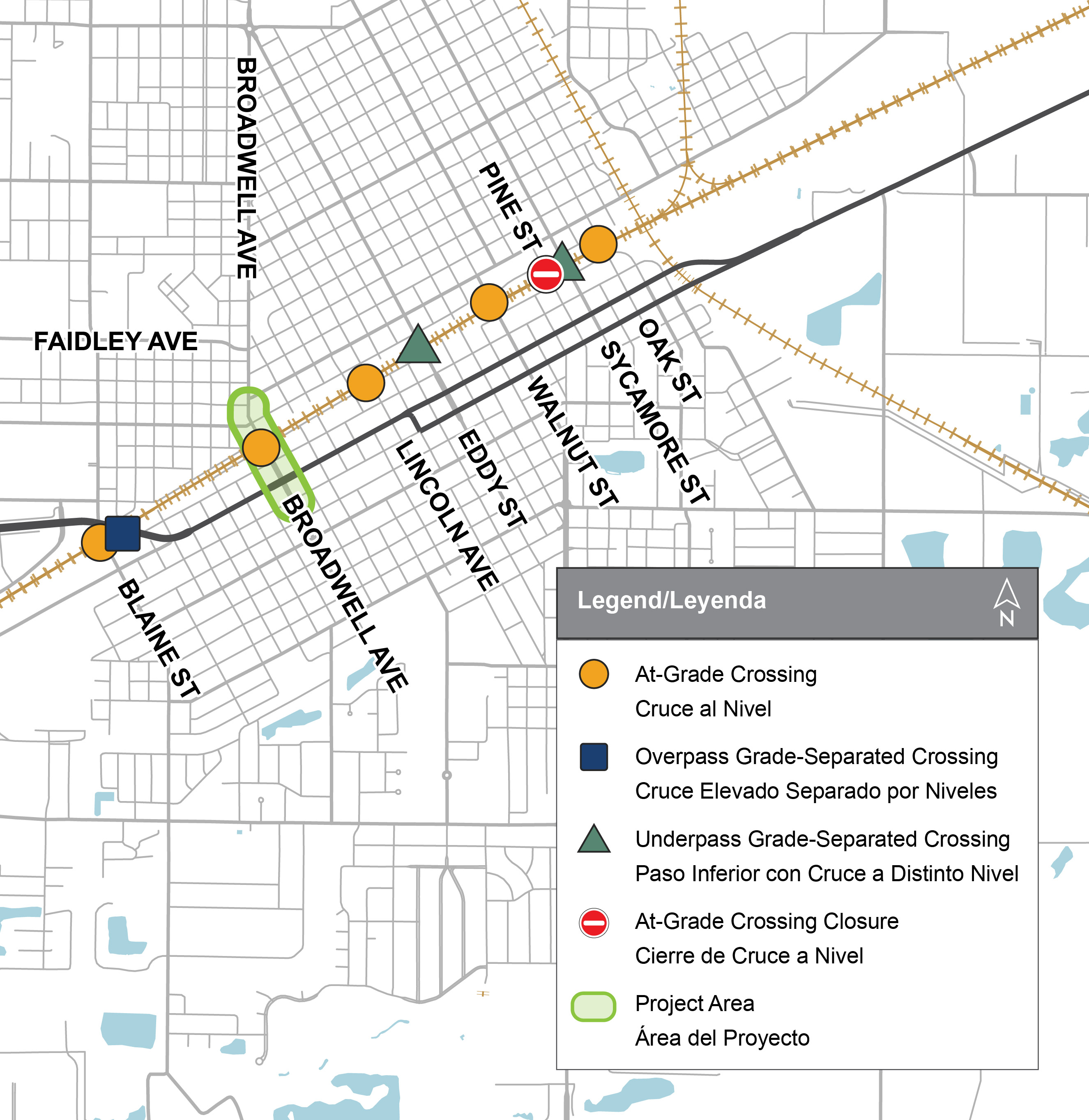 Alt text: Map showing railroad crossings and project features along a rail corridor, with labeled streets including Blaine St, Broadway Ave, Lincoln Ave, Eddy St, Walnut St, Sycamore St, Oak St, Pine St, and Faidley Ave. Legend identifies orange circles as at-grade crossings, a blue square as an overpass grade-separated crossing, green triangles as underpass grade-separated crossings, a red circle as an at-grade crossing closure, and a green outline as the project area. The project area is highlighted near Broadway Ave.